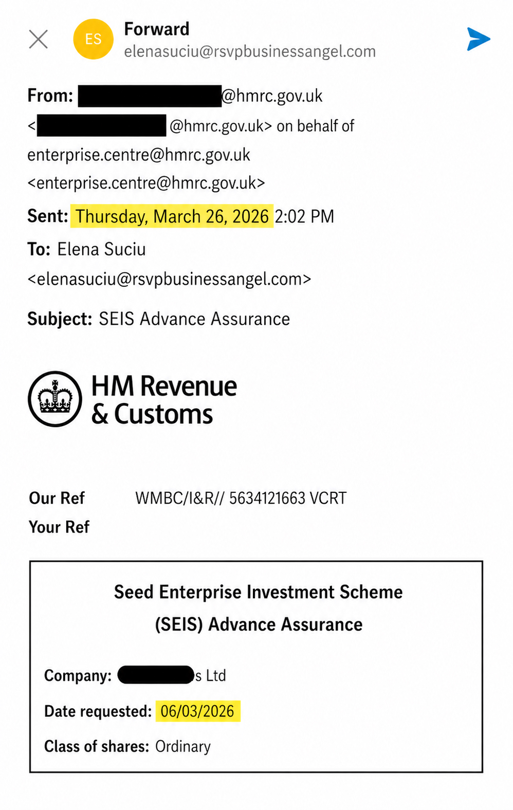 HMRC Small Company Enterprise Centre confirmation of SEIS Advance Assurance, dated 26 March 2026, with company name and officer details redacted.